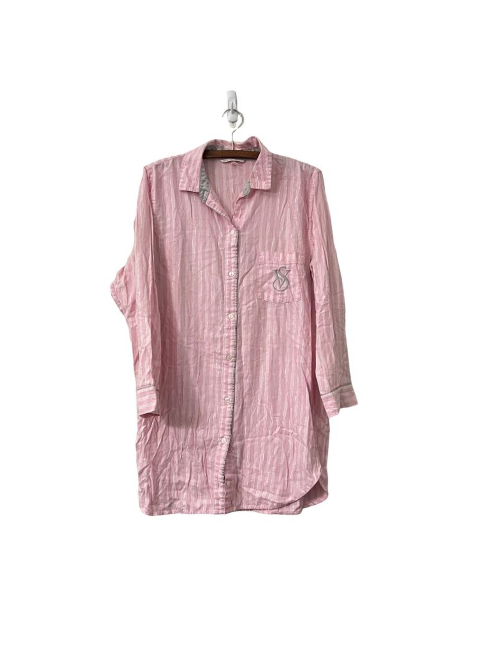 Victorias Secret Pink Silver Striped Long Sleeve Embroidered Logo Sleep Shirt S